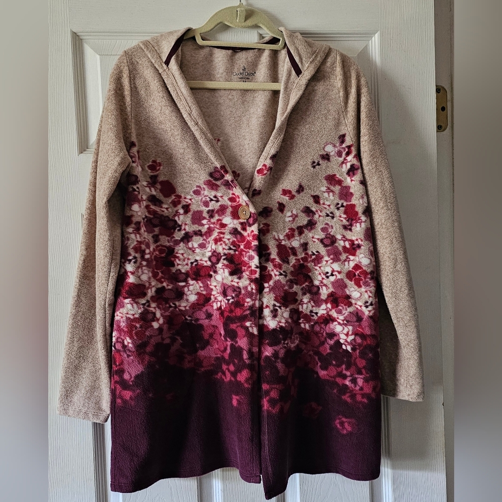 Cuddl Duds Jacket Purple Tan Hooded Longline Cardigan